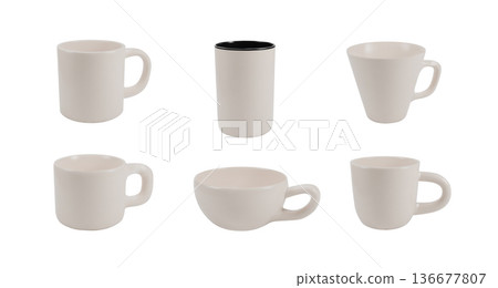 White 3D Mugs Same Angle. Six Shapes 136677807