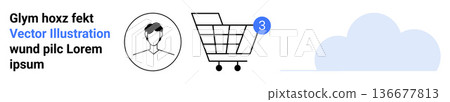 E-commerce, user dashboard, shopping notification, digital platforms, account management, data storage. Shopping cart with alert, cloud and user icon. E-commerce and user dashboard concept E-commerce, user dashboard, shopping notification, digital platforms, account management, data storage. Shopping cart with alert, cloud and user icon. E-commerce and user dashboard concept 136677813