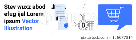 Blockchain, cryptocurrency transactions, digital certificates, e-commerce services, fintech, data encryption. Visual includes blockchain design, files with a seal, and a shopping cart in a message Blockchain, cryptocurrency transactions, digital certificates, e-commerce services, fintech, data encryption. Visual includes blockchain design, files with a seal, and a shopping cart in a message 136677814