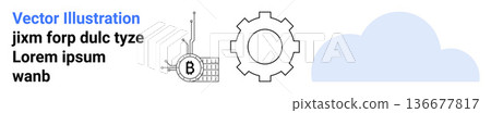 Blockchain, digital innovation, cloud storage, data management, technology icons, cryptocurrency process. A block grid with a bitcoin symbol, gear mechanism and cloud. Blockchain and digital Blockchain, digital innovation, cloud storage, data management, technology icons, cryptocurrency process. A block grid with a bitcoin symbol, gear mechanism and cloud. Blockchain and digital 136677817