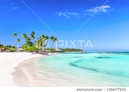 Beautiful white sand beach and turquoise water of Caribbean sea in Cap Cana, Dominican Republic. Summer beach holiday background 136677856