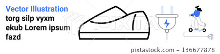 Sustainable transport, electric vehicles, charging infrastructure, urban mobility, eco-friendly technology, futuristic concepts. Minimalist design showing a shoe, charging plug, and scooter rider 136677878