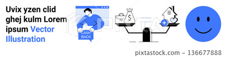 Cashback programs, financial planning, budgeting, customer rewards, online shopping, emotional well-being. Person holding cashback sign, scales balancing money and health happy face. Cashback Cashback programs, financial planning, budgeting, customer rewards, online shopping, emotional well-being. Person holding cashback sign, scales balancing money and health happy face. Cashback 136677888