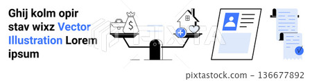 Financial decisions, personal finance, work-life balance, investment comparison, real estate analysis, document evaluation. Scales balancing money and house, personal profile, and documents Financial decisions, personal finance, work-life balance, investment comparison, real estate analysis, document evaluation. Scales balancing money and house, personal profile, and documents 136677892