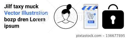 E-commerce, digital security, identity, online shopping, data protection, authentication. Profile avatar, e-storefront and a lock icon. E-commerce and digital security concept 136677895