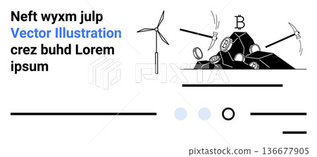 Cryptocurrency, blockchain, renewable energy, digital assets, environmental impact, sustainable technology. Mining tools and wind turbine near a crypto pile. Cryptocurrency and blockchain Cryptocurrency, blockchain, renewable energy, digital assets, environmental impact, sustainable technology. Mining tools and wind turbine near a crypto pile. Cryptocurrency and blockchain 136677905