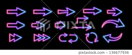Glowing neon arrow sign with vibrant LED lights perfect for casino signage, retro bar decor, or cyberpunk-inspired digital designs with electric glow effects and neon brilliance. 136677936