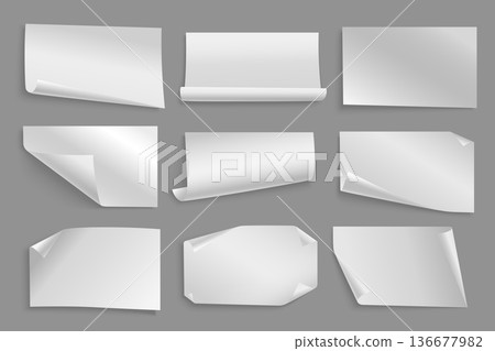 Paper sheets corners elements set design. Collection with white blank pages with folded edges, empty notebook notes with bended corners, adhesive stickers with curly angles. Vector illustration. 136677982