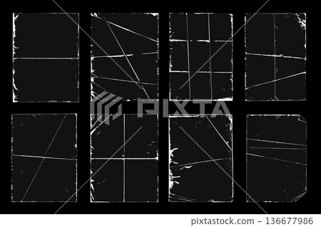 Folded paper overlay elements set design. Collection with distressed square blank covers, damaged rough texture on folded and wrinkled blank pages with bent corners for frames. Vector illustration. 136677986