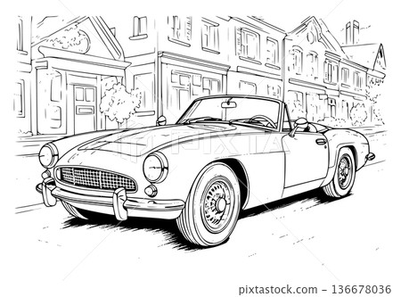Abstract retro car on urban background, in black and white ink drawing style for adult coloring book 136678036