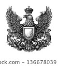 Vintage heraldic eagle emblem with shield, crown, and laurel wreath in classic engraving vector for royalty, nobility, coat of arms, and antique heraldry decoration 136678039