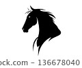 Black silhouette horse head profile with flowing mane against white background 136678040