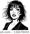 Black and white fashion illustration of a young woman with short, wavy hair, drawn with expressive ink lines and fine detail 136678043