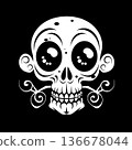 Playful skull face with large round eyes and toothy grin, swirling ornamental accents surrounds the head, black and white graphic 136678044