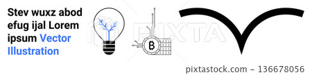 Innovation, cryptocurrency, minimalism, technology, blockchain, creativity. A light bulb with a circuit network and a minimalist symbol. Innovation and cryptocurrency concept for modern ideas Innovation, cryptocurrency, minimalism, technology, blockchain, creativity. A light bulb with a circuit network and a minimalist symbol. Innovation and cryptocurrency concept for modern ideas 136678056