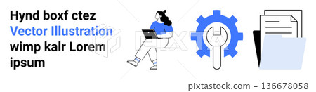 Workflow optimization, teamwork, digital collaboration, file management, professional settings, online tools. Person using a laptop, wrench gear icon and documents. Workflow optimization Workflow optimization, teamwork, digital collaboration, file management, professional settings, online tools. Person using a laptop, wrench gear icon and documents. Workflow optimization 136678058