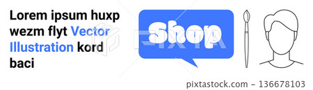 Shopping, creativity, graphic design, online stores, branding, artistic tools. Speech bubble with Shop text, brush and face outline. Creativity and graphic design concept 136678103