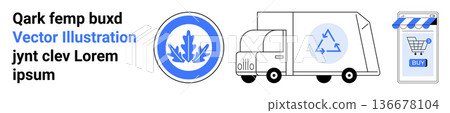 Eco-friendly logistics, recycling, online shopping, sustainability, delivery services, green business. Delivery truck with recycling symbol and shopping cart icon. Eco-friendly logistics Eco-friendly logistics, recycling, online shopping, sustainability, delivery services, green business. Delivery truck with recycling symbol and shopping cart icon. Eco-friendly logistics 136678104