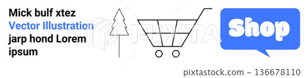 E-commerce, retail, online shopping, sales, digital marketing, and web design. Minimalist shopping cart with a tree and a speech bubble saying Shop. E-commerce and retail concepts 136678110