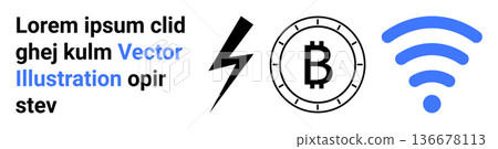 Cryptocurrency, wireless communication, energy, digital finance, blockchain, modern connectivity. A Bitcoin symbol, lightning bolt and wireless icon are displayed. Cryptocurrency and wireless 136678113