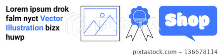 E-commerce, online certifications, digital marketing, web design assets, branding, creative services. Features a certificate, gallery outline and shop speech bubble. E-commerce and online E-commerce, online certifications, digital marketing, web design assets, branding, creative services. Features a certificate, gallery outline and shop speech bubble. E-commerce and online 136678114