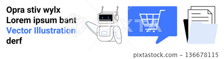 E-commerce, automated services, retail technology, digital communication, online shopping, product management. A robot interacts with a shopping cart icon. E-commerce and automated services concept 136678115