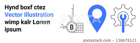 Cryptocurrency, blockchain networks, location tracking, navigation tools, technical development, settings customization. Bitcoin chip, blue location pin gear with wrench. Cryptocurrency and location Cryptocurrency, blockchain networks, location tracking, navigation tools, technical development, settings customization. Bitcoin chip, blue location pin gear with wrench. Cryptocurrency and location 136678121