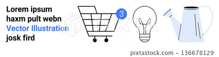 E-commerce, creativity, gardening, sustainability, ideas, tools. Shopping cart, light bulb and watering can icons in a clean layout. E-commerce and creativity conceptual E-commerce, creativity, gardening, sustainability, ideas, tools. Shopping cart, light bulb and watering can icons in a clean layout. E-commerce and creativity conceptual 136678129