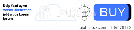 E-commerce, online shopping, digital solutions, creativity, technology, cloud services. Minimalist illustration showing a cloud, a light bulb and a blue buy button. E-commerce and creativity concept E-commerce, online shopping, digital solutions, creativity, technology, cloud services. Minimalist illustration showing a cloud, a light bulb and a blue buy button. E-commerce and creativity concept 136678130