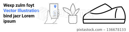 Navigation tools, e-commerce, shopping trends, indoor living, digital interaction, minimalism. Phone with location icon, potted plant and shoe outline. Navigation tools and e-commerce 136678133