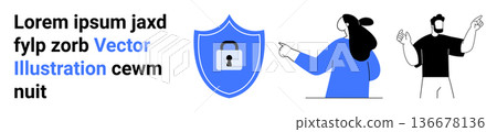 Cybersecurity, online privacy, data protection, digital safety, secure communication, privacy awareness. Shield with lock and two people pointing and discussing. Cybersecurity and online privacy Cybersecurity, online privacy, data protection, digital safety, secure communication, privacy awareness. Shield with lock and two people pointing and discussing. Cybersecurity and online privacy 136678136