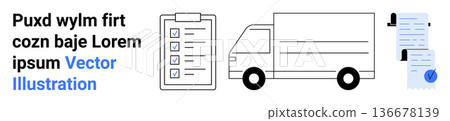 Logistics, delivery services, shipment tracking, efficiency, document processing, transportation management. A truck, checklist and documents. Logistics and delivery services concept 136678139