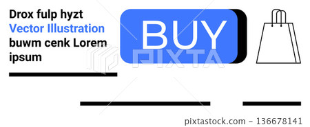 Online shopping, e-commerce, digital transactions, retail marketing, modern technology, user interface design. Blue Buy button alongside a line-art shopping bag icon. Online shopping and e-commerce 136678141