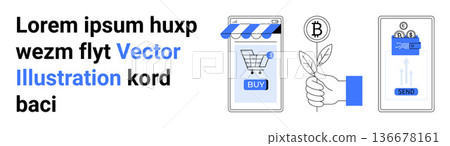 E-commerce, fintech, cryptocurrency, blockchain, digital transactions, crypto trading. Mobile shopping cart, Bitcoin hand crypto wallet. E-commerce and fintech seamlessly E-commerce, fintech, cryptocurrency, blockchain, digital transactions, crypto trading. Mobile shopping cart, Bitcoin hand crypto wallet. E-commerce and fintech seamlessly 136678161