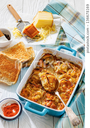 Tennessee onions baked casserole with cheese and toast Tennessee onions baked casserole with cheese and toast 136678169