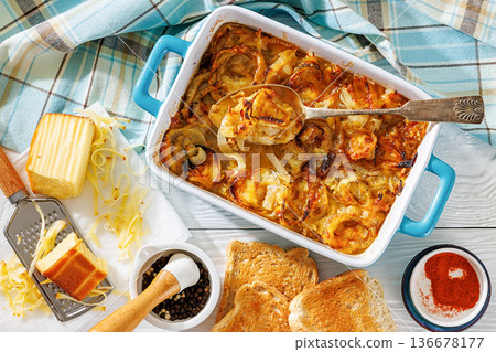 Tennessee onions baked casserole with cheese and toast Tennessee onions baked casserole with cheese and toast 136678177