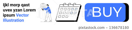 E-commerce, online shopping, sales, digital transactions, global trade, organization. Graphic of a man holding a globe, a calendar and a blue buy button. E-commerce and online shopping concept 136678180
