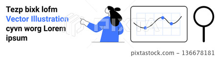 Business analysis, data interpretation, research, project management, presentation, educational resources. Person pointing at a chart alongside a magnifying glass icon. Business analysis and data 136678181