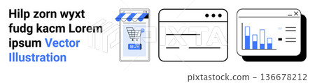 E-commerce, data visualization, digital marketing, online transactions, web development, analytics. Shopping cart icon, website layouts and bar graph. E-commerce and data visualization concept E-commerce, data visualization, digital marketing, online transactions, web development, analytics. Shopping cart icon, website layouts and bar graph. E-commerce and data visualization concept 136678212