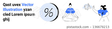 Mindfulness, finance, sustainability, technology, wellness, lifestyle. Woman meditating, percentage symbol and eco-friendly city . Mindfulness and finance illustrated in a clean style Mindfulness, finance, sustainability, technology, wellness, lifestyle. Woman meditating, percentage symbol and eco-friendly city . Mindfulness and finance illustrated in a clean style 136678213
