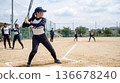 Female softball team member standing in the batter's box 136678240
