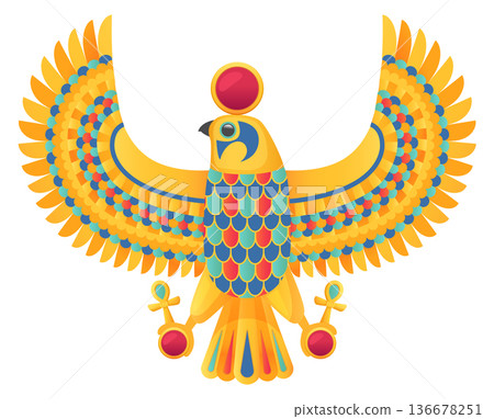 Horus in falcon form. Egyptian god golden wings emblem 136678251