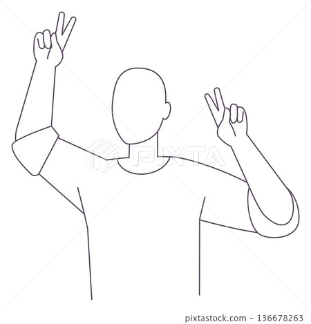 Piece gesture. Guy show v fingers line icon 136678263
