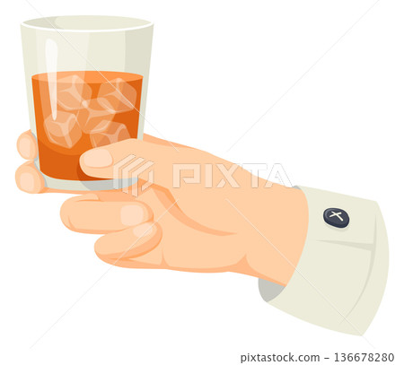 Hand hold brandy glass. Whiskey with ice cubes drink 136678280