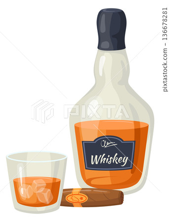 Whiskey bottle glass with classic cigar. Vintage male club icon Whiskey bottle glass with classic cigar. Vintage male club icon 136678281