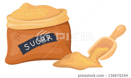 Sugar bag. Sugarcane product sack with wooden scoop Sugar bag. Sugarcane product sack with wooden scoop 136678284