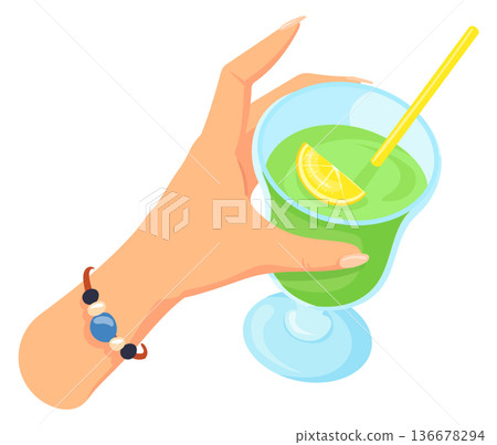 Female hand hold cocktail glass. Summer party Female hand hold cocktail glass. Summer party 136678294