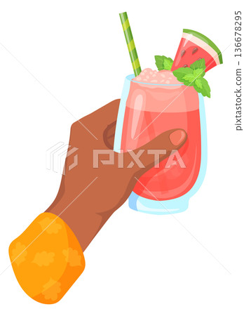 Summer refreshment in human hand. Party toast cartoon icon Summer refreshment in human hand. Party toast cartoon icon 136678295