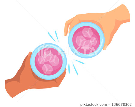 Cheers cartoon icon. Drink glasses clink in human hands Cheers cartoon icon. Drink glasses clink in human hands 136678302