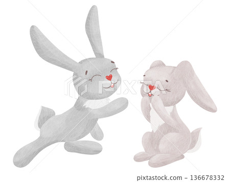 Hare, rabbit, a pair of cute, gentle characters in pastel colors. Watercolor, pastel. Cartoon illustration in a simple, flat style. Set of design elements for printing, prints, products, materials Hare, rabbit, a pair of cute, gentle characters in pastel colors. Watercolor, pastel. Cartoon illustration in a simple, flat style. Set of design elements for printing, prints, products, materials 136678332